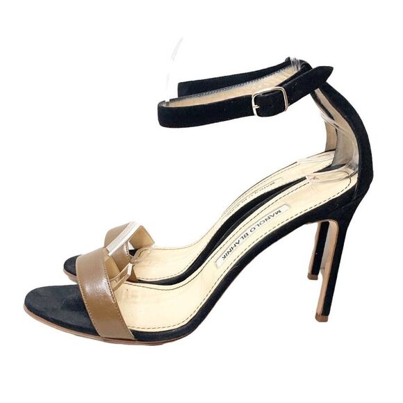 Manolo Blahnik Chaos High Heels in Two Tone Black Suede Tan 105 MM Sandals 39.5 - Picture 1 of 9